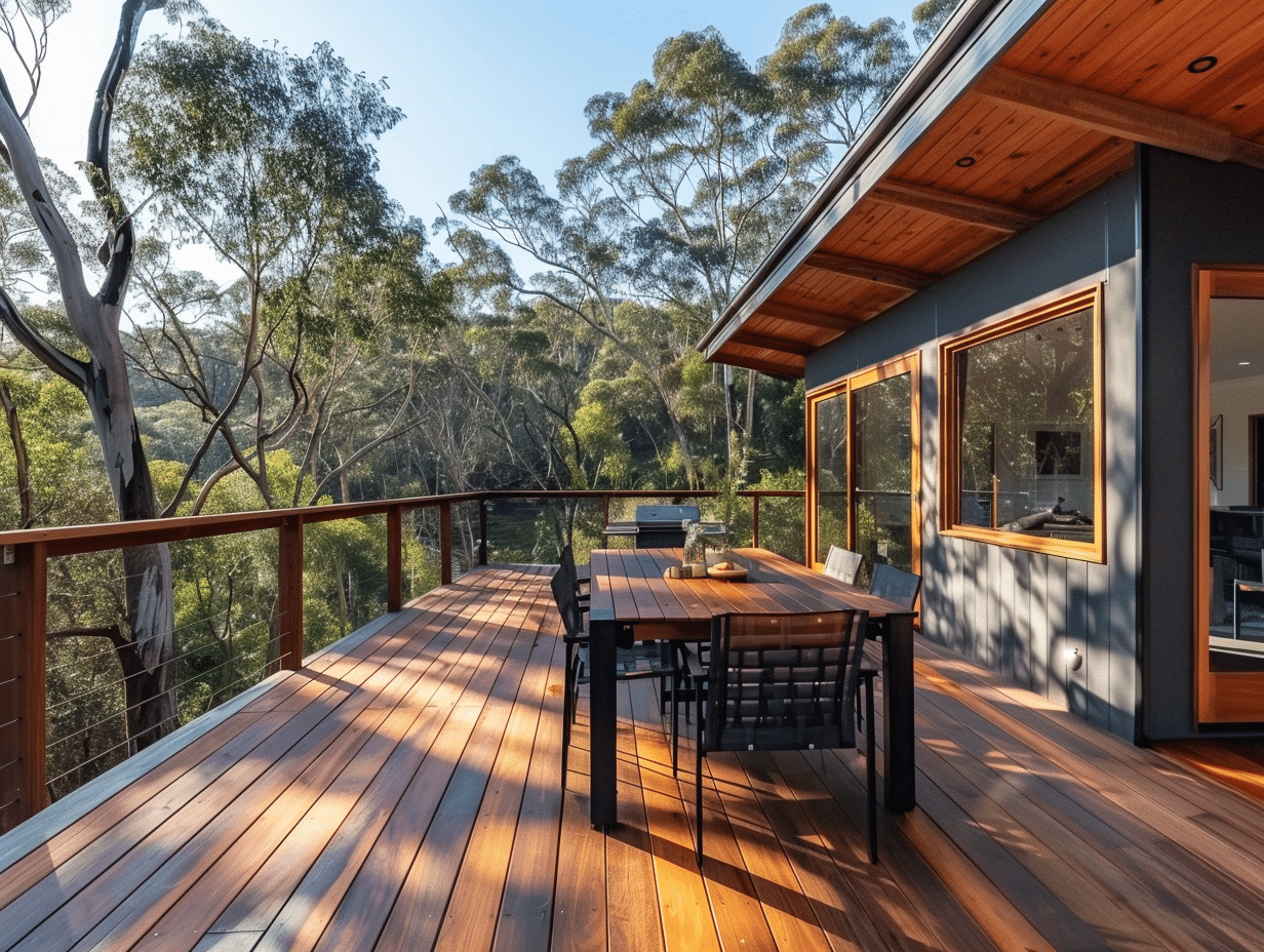 A wooden deck with outdoor dining furniture overlooks a forested area. The deck is attached to a modern building with large windows and a wood-paneled roof.