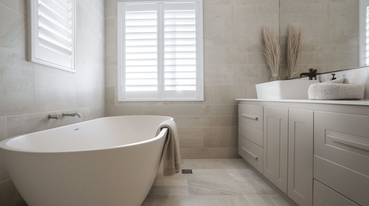 A modern bathroom featuring a freestanding bathtub, a vanity with a sink and storage, a towel on the tub's edge, and a window with plantation shutters.